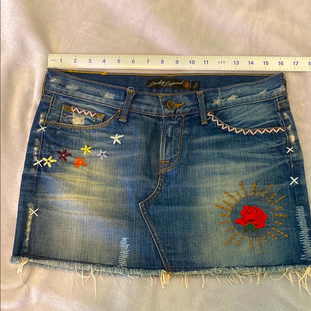 Lucky Brand Zoe Blue Embroidered Denim Mini Skirt with Rose Patch